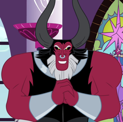 Size: 720x716 | Tagged: safe, screencap, lord tirek, twilight's kingdom, clasped hands, cropped, male, nose piercing, nose ring, piercing, solo, stained glass