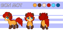 Size: 1000x515 | Tagged: safe, artist:bon mot, oc, oc only, oc:bon mot, earth pony, hybrid, pony, abstract background, colt, cute, freckles, looking at you, looking back, looking up, male, ocbetes, plot, reference sheet, smiling, text