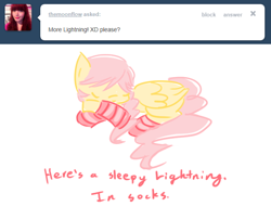 Size: 652x526 | Tagged: safe, artist:ask-the-fantasy-ponies, ask, clothes, final fantasy, final fantasy xiii, lightning farron, ponified, sleeping, socks, solo, striped socks, tumblr