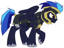 Size: 1030x775 | Tagged: safe, artist:faith-wolff, commander hurricane, pegasus, pony, fanfic:the bridge, armor, helmet, male, raised hoof, simple background, solo, stallion, tail wrap, transparent background