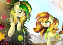 Size: 2800x2000 | Tagged: safe, artist:thelyuba1211, carrot top, golden harvest, oc, oc:wooden toaster, christmas tree, glazetop, ponyville, snow, snowfall, tree, woodentoaster r63