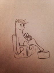 Size: 1536x2048 | Tagged: safe, artist:coffee mixer, oc, oc only, oc:serenity pony, food, monochrome, popcorn, recliner, remote, solo, traditional art