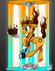 Size: 778x1000 | Tagged: safe, artist:twotigermoon, cake, chell, companion cube, ponified, portal, portal (valve), portal gun, solo