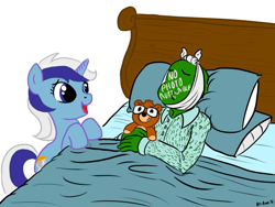 Size: 900x675 | Tagged: safe, artist:aa, minuette, oc, oc:anon, human, bed, costanza face, teddy bear