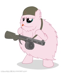 Size: 750x825 | Tagged: safe, artist:cogwheel98, oc, oc only, oc:fluffle puff, drum magazine, gun, helmet, ppsh-41, soldier, solo, soviet, submachinegun, tongue out