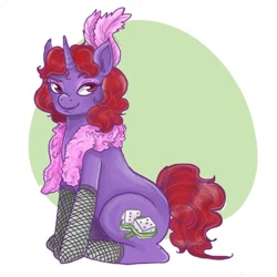 Size: 640x640 | Tagged: safe, artist:perrikara, oc, oc only, oc:dice venom, pony, unicorn, beautiful, clothes, feather, fishnet stockings, scarf, solo