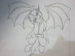 Size: 2560x1920 | Tagged: safe, artist:phonicb∞m, oc, oc only, oc:phonic boom, bat pony, pony, vampire, vampony, flying, head tilt, lined paper, monochrome, sketch, smirk, solo, traditional art