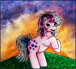 Size: 1592x1450 | Tagged: safe, artist:lolliangel123, twilight, g1, solo, sunset, traditional art, twilight (astronomy)