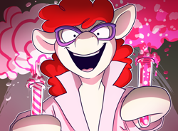 Size: 2500x1844 | Tagged: safe, artist:pixel-prism, twist, bubble, chemistry, clothes, glasses, insanity, lab coat, laughing, looking at you, mad scientist, older, open mouth, potion, science, smiling, solo, test tube, twilight sparkle's secret shipfic folder, wide eyes