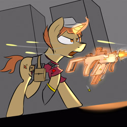 Size: 3000x3000 | Tagged: safe, artist:arulolfun, oc, oc only, pony, unicorn, fallout equestria, firing, gun, kriss vector, levitation, magic, male, running, solo, stallion, submachinegun, telekinesis