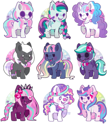 Size: 950x1091 | Tagged: safe, artist:miss-glitter, oc, oc only, bat pony, bicorn, earth pony, pony, adoptable, bandage, bandaid, blushing, bow, bowtie, braid, clown nose, earring, eyepatch, fangs, female, flower, freckles, hat, injured, mare, necklace, pigtails, stitches, tail bow, tongue out