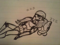 Size: 2048x1536 | Tagged: safe, artist:cross, scootaloo, human, crossover, cute, cutealoo, eyes closed, monochrome, on back, sleeping, star wars, stormtrooper, traditional art, zzz