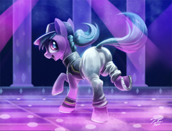 Size: 1200x918 | Tagged: safe, artist:tsitra360, azure velour, pony, the saddle row review, clothes, club pony party palace, cute, dance floor, dancer, dancing, female, hat, horseshoes, mare, open mouth, pants, plot, raised hoof, rave, scene interpretation, solo