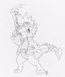 Size: 849x1000 | Tagged: safe, artist:dfectivedvice, spike, dragon, badass, clothes, goggles, grayscale, gun, jacket, monochrome, sketch, solo, traditional art
