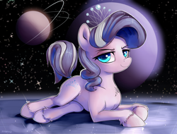 Size: 1998x1515 | Tagged: safe, artist:gsphere, diamond tiara, female, looking at you, lying down, mare, planet, solo, space, stars, unshorn fetlocks