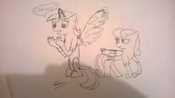 Size: 2592x1456 | Tagged: safe, artist:fifthcru5ader, bon bon, lyra heartstrings, sweetie drops, hippogriff, bon bon is not amused, grifficorn, monochrome, traditional art