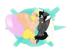 Size: 1024x768 | Tagged: safe, artist:darabirb, oc, oc only, oc:etchasketch, oc:palette, pegasus, pony, digital art, flying, gay, hearts and hooves day, holding, male, paletch, shipping