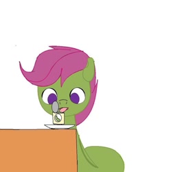 Size: 1006x1010 | Tagged: artist needed, source needed, safe, scootaloo, original species, snake, snake pony, beans, food, open mouth, plate, purple hair, simple background, solo, table, tongue out, white background