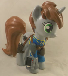 Size: 2753x3049 | Tagged: safe, artist:gryphyn-bloodheart, oc, oc only, oc:littlepip, pony, unicorn, fallout equestria, 3d print, brushable, clothes, custom, cutie mark, fanfic, fanfic art, female, funko, gun, handgun, hooves, horn, irl, little macintosh, mare, photo, pipbuck, revolver, solo, toy, vault suit, weapon