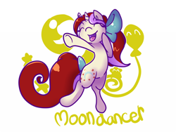 Size: 700x525 | Tagged: safe, artist:c0tt0ntales, artist:cotton, moondancer (g1), g1, bow, dancing, g1 to g4, generation leap, happy, solo