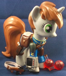 Size: 2482x2833 | Tagged: safe, artist:gryphyn-bloodheart, oc, oc only, oc:littlepip, pony, unicorn, fallout equestria, 3d print, accessories, clothes, custom, fanfic, fanfic art, female, funko, gun, handgun, healing potion, health potion, hooves, horn, irl, little macintosh, mare, photo, pipbuck, potion, revolver, rope, saddle bag, solo, toy, vault suit, weapon, zebra rifle