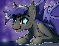 Size: 1998x1573 | Tagged: safe, artist:sigmanas, oc, oc only, oc:au hasard, bat pony, pony, fangs, open mouth, slit eyes, solo