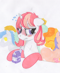 Size: 832x1000 | Tagged: safe, artist:foxxy-arts, oc, oc only, oc:foxxy hooves, blushing, milk, traditional art