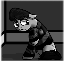 Size: 908x875 | Tagged: safe, artist:razya, oc, oc only, oc:closed closets, floppy ears, frown, monochrome, raised hoof, sad, solo