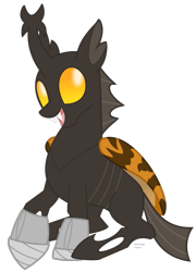 Size: 623x867 | Tagged: safe, artist:faith-wolff, changeling, fanfic:the bridge, changelingified, cuteling, godzilla (series), kaiju changeling, megalon, open mouth, simple background, sitting, solo, species swap, transparent background