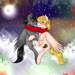 Size: 720x720 | Tagged: safe, artist:jude straws, oc, oc only, oc:etchasketch, oc:palette, pegasus, pony, clothes, cloud, cloudy, digital art, gay, male, paletch, scarf, shared clothing, shared scarf, shipping, sitting, snow, snowfall