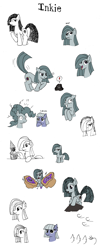 Size: 1280x3143 | Tagged: safe, artist:greenlinzerd, limestone pie, marble pie, rocky, alternate hairstyle, behaving like a cat, derp, experimental style, partial color, sketch dump