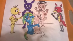 Size: 2592x1456 | Tagged: safe, artist:fifthcru5ader, oc, oc only, oc:cocoa bean, oc:fifthcru5ader, alicorn, fox, pony, alicorn oc, bonnie, chica, five nights at freddy's, foxy, freddy fazbear, hug, scared, traditional art