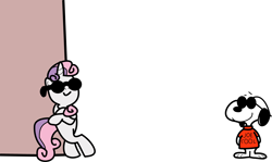 Size: 4189x2495 | Tagged: safe, artist:voicesandinks, sweetie belle, clothes, crossover, hanging out, joe cool, peanuts, snoopy, sunglasses, t-shirt