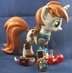 Size: 2961x3009 | Tagged: safe, artist:gryphyn-bloodheart, oc, oc only, oc:littlepip, pony, unicorn, fallout equestria, brushable, clothes, custom, cutie mark, fanfic, fanfic art, female, funko, gun, handgun, healing potion, health potion, hooves, horn, irl, little macintosh, mare, optical sight, photo, pipbuck, potion, revolver, rifle, saddle bag, scope, solo, toy, vault suit, weapon, zebra rifle