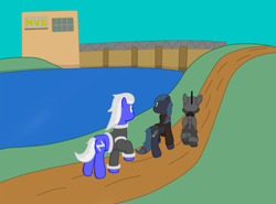 Size: 1052x780 | Tagged: safe, artist:minty candy, oc, oc only, oc:crash dive, oc:night strike, oc:static charge, earth pony, pegasus, pony, fallout equestria, fallout equestria: empty quiver, clothes, dam, enclave armor, grand pegasus enclave, hill, hydroelectric dam, power armor, river, road, story