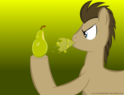 Size: 1280x984 | Tagged: safe, artist:kapfkeks007, doctor whooves, gradient background, green background, pear, simple background, solo, spit take, spitting, that pony sure does hate pears