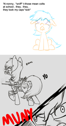 Size: 948x1807 | Tagged: safe, artist:brisineo, oc, oc only, oc:muny, fallout equestria, /mlp/, crying, derp, floppy ears, frown, gritted teeth, gun, implied hammers, looking up, money, mouth hold, muny, open mouth, raider, raised hoof, rifle, sitting, weapon