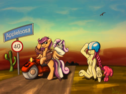 Size: 2048x1536 | Tagged: safe, artist:rainihorn, apple bloom, scootaloo, sweetie belle, appleloosa, blushing, cactus, chest fluff, clothes, cutie mark crusaders, desert, helmet, jacket, motorcycle, road, saguaro cactus, sitting, spread wings, sunglasses