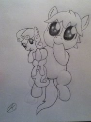 Size: 720x960 | Tagged: safe, artist:shutterguy, sweetie belle, oc, oc:shutter flash, monochrome, plushie, traditional art