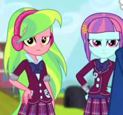 Size: 458x427 | Tagged: safe, screencap, lemon zest, principal abacus cinch, sunny flare, equestria girls, friendship games, clothes, cropped, crystal prep academy uniform, school uniform