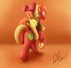 Size: 1020x980 | Tagged: safe, artist:dipingxiangtr, apple bloom, big macintosh, earth pony, pony, eye contact, featureless crotch, male, pixiv, plot, ponies riding ponies, smiling, stallion, underhoof