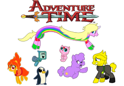 Size: 1204x838 | Tagged: safe, artist:starryoak, pony, unicorn, adventure time, bmo, flame princess, gunter (adventure time), kitten, lady rainicorn, lemongrab, lumpy space princess, ponified, simple background, transparent background