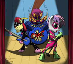 Size: 1200x1052 | Tagged: safe, artist:saine grey, apple bloom, scootaloo, sweetie belle, cutie mark crusaders, drums, guitar, mlpgdraws, music, musical instrument, show stopper outfits, singing