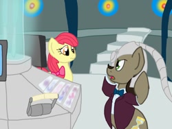 Size: 1024x768 | Tagged: safe, artist:biosonic100, apple bloom, doctor whooves, bowtie, clothes, doctor who, eleventh doctor, older, shirt, tardis