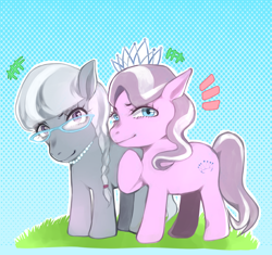 Size: 1350x1271 | Tagged: safe, artist:fyukue, diamond tiara, silver spoon, earth pony, pony, female, filly, jewelry, pink coat, tiara, two toned mane