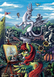 Size: 1067x1530 | Tagged: dead source, safe, artist:matrosha123, discord, oc, oc:sunny meadows, bird, fanfic:the keepers of discord, fanfic, fanfic art, fanfic cover, garden, mouth hold, paintbrush, painting, scenery, solo, statue