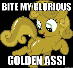 Size: 625x588 | Tagged: safe, sweetie belle, pony, unicorn, bite my shiny metal ass, butt, caption, female, filly, futurama, golden, image macro, luster dust, meme, plot, sweetie butt, sweetie gold, vulgar