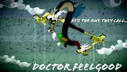 Size: 1280x720 | Tagged: safe, edit, edited screencap, screencap, discord, the return of harmony, dr. feelgood, lyrics, marionette, motley crue, music, photoshop, puppet, solo, wires