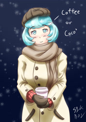 Size: 2894x4093 | Tagged: safe, artist:s1k bo1, coco pommel, human, absurd resolution, beret, blue background, blushing, clothes, coat, coffee, cute, female, gloves, humanized, looking at you, night, scarf, simple background, smiling, solo, sweater, winter