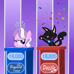 Size: 1500x1500 | Tagged: safe, artist:magerblutooth, diamond tiara, oc, oc:dazzle, cat, confetti, jeopardy, quiz